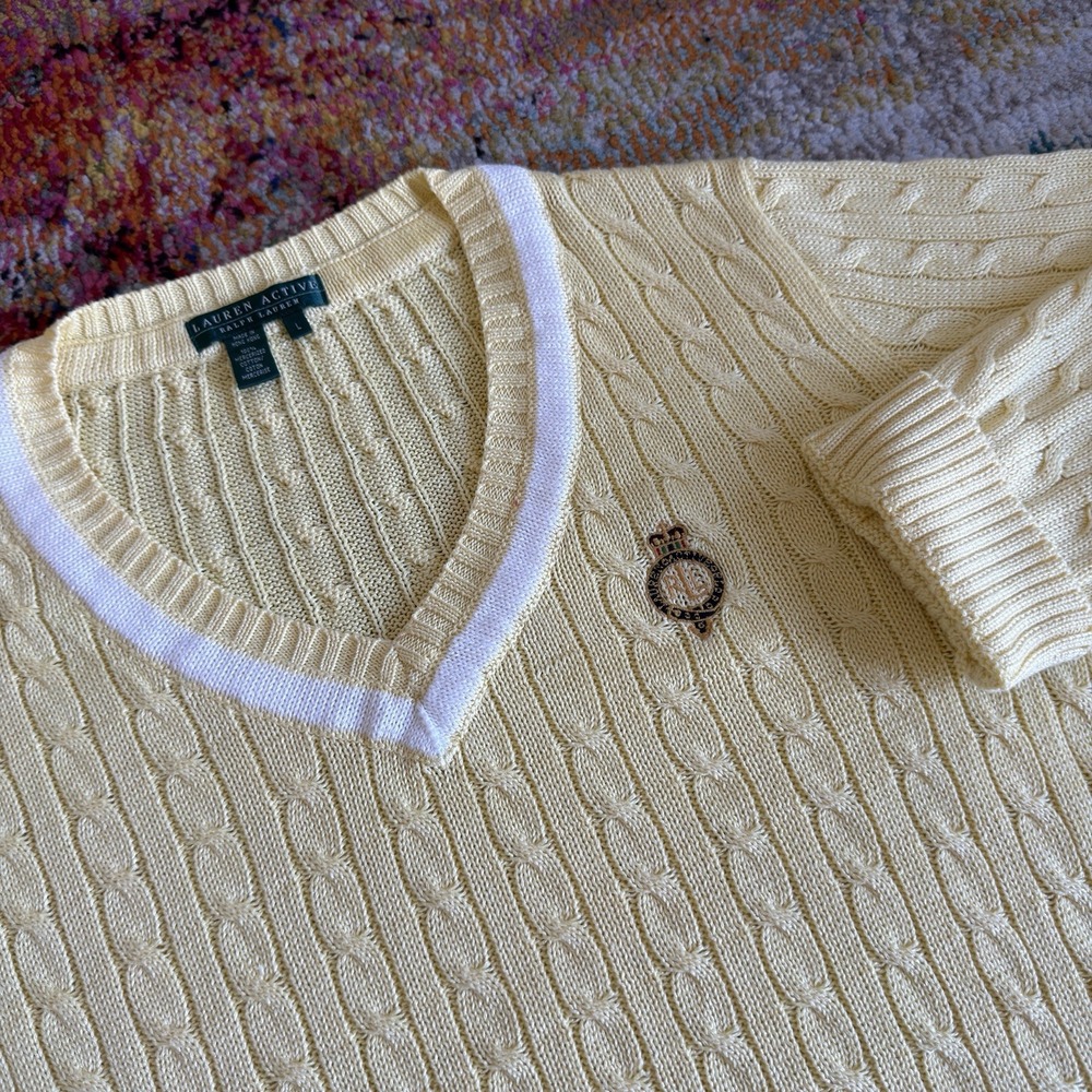 Vintage Lauren Active Ralph Lauren Cable Knit V-Neck Sweater Yellow Large Crest